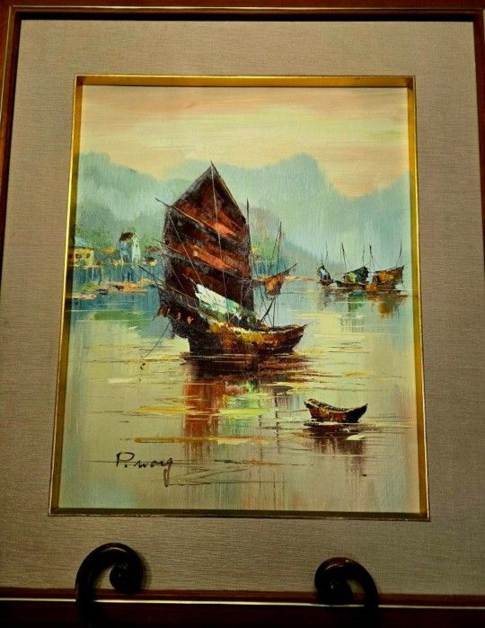 Vintage Framed P.Wong Signed Original Oil Painting  Harbor Fishing Boats 1975 24"×28"