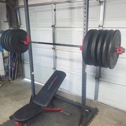  Squat rack & Bench with Diamond Pro Olympic Weight set & bar..240lbs all together. read Description 