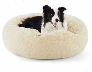 Bedsure Calming Dog Bed for Large Dogs - Donut Washable Large Pet Bed, Anti-Slip Round Fluffy Plush Faux Fur Dog Bed, Fits up to 80 lbs Pets, Ivory Be