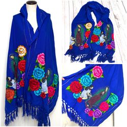 Our Lady of Guadalupe Virgin Mary Blue Shawl Wrap Mexican Floral Embroidery Bufanda Virgen María