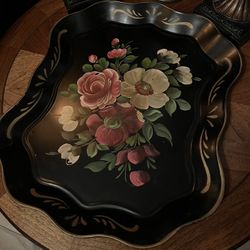 1980’s Black Hand Painted Floral Toleware Serving Tray
