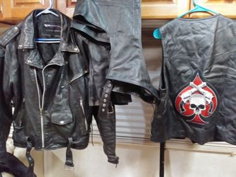 Leather chaps, jacket and vest