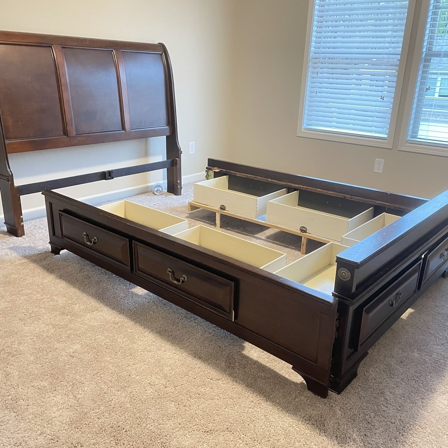 Queen size Sleigh bed, Cherry finish, storage bed & bed frame with wooden slats and bottom board