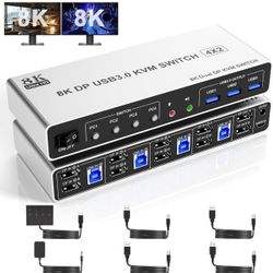 8K@60Hz USB3.0 Displayport KVM Switch 2 Monitors 4 Computers, 4 Port DP1.4 Dual
