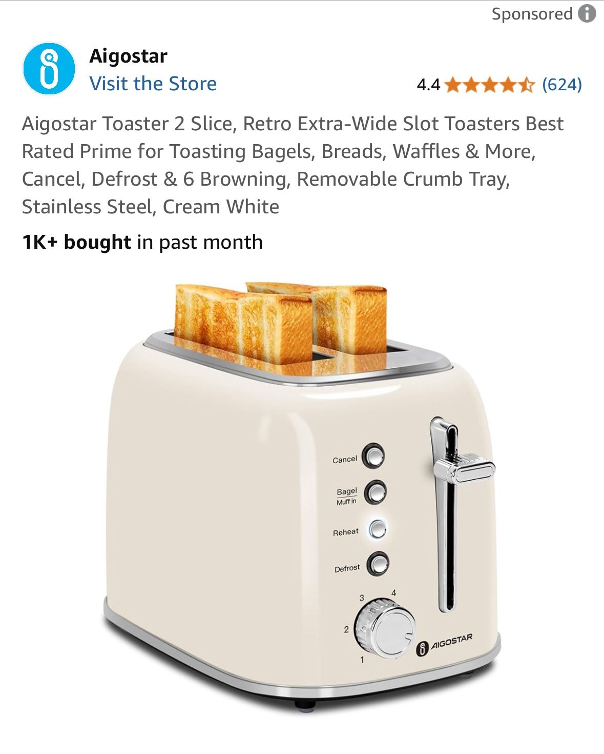 Aigostar Toaster 2 Slice, Retro Extra-Wide Slot Toasters Best Rated Prime for Toasting Bagels, Breads, Waffles & More, Cancel, Defrost & 6 Browning, R