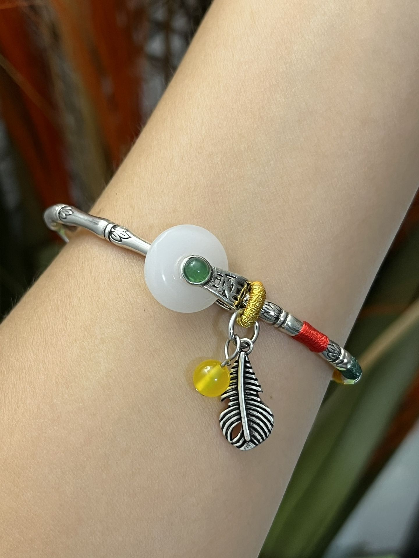 S925 silver white and round jade stone feather charms cuff bangle bracelet,Silver hearts bracelet,Silver irregular cuff bracelet,Everyday bracelet jew