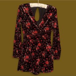 Red and Black Floral Velvet rose Romper Dress