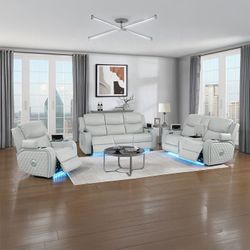 Sofa and Loveseat Light Grey Leatherette, LED Light, Speaker and 5 USB Port, New Especial price