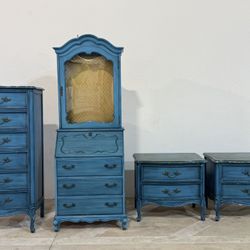 Vintage Jasper Cabinet Blue French Provincial Bedroom Set – Secretary Desk, Chest & Nightstands