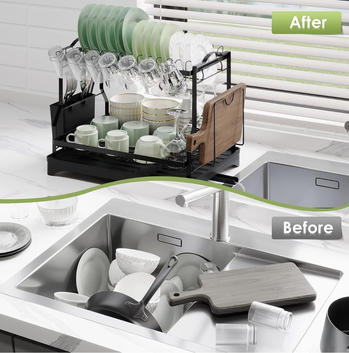 Dish Drying Rack, Dish Rack 2 Tiers for Kitchen Counter, Space-Saving Large Dish Rack with Drain Kitchen Organizer and Storage Rack with Drainboard, S