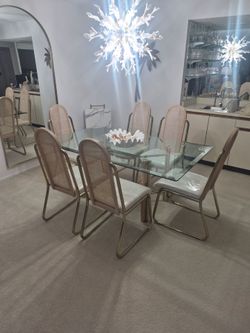 Glass Top Dining Table with 6 Cane Chairs