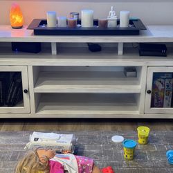 White Distressed Tv Stand (Solid Wood)