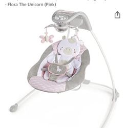 Ingenuity InLighten 6-Speed Baby Swing - Easy-Fold Frame, Swivel Infant Seat, Nature Sounds, Light Up Mobile - Flora The Unicorn (Pink)