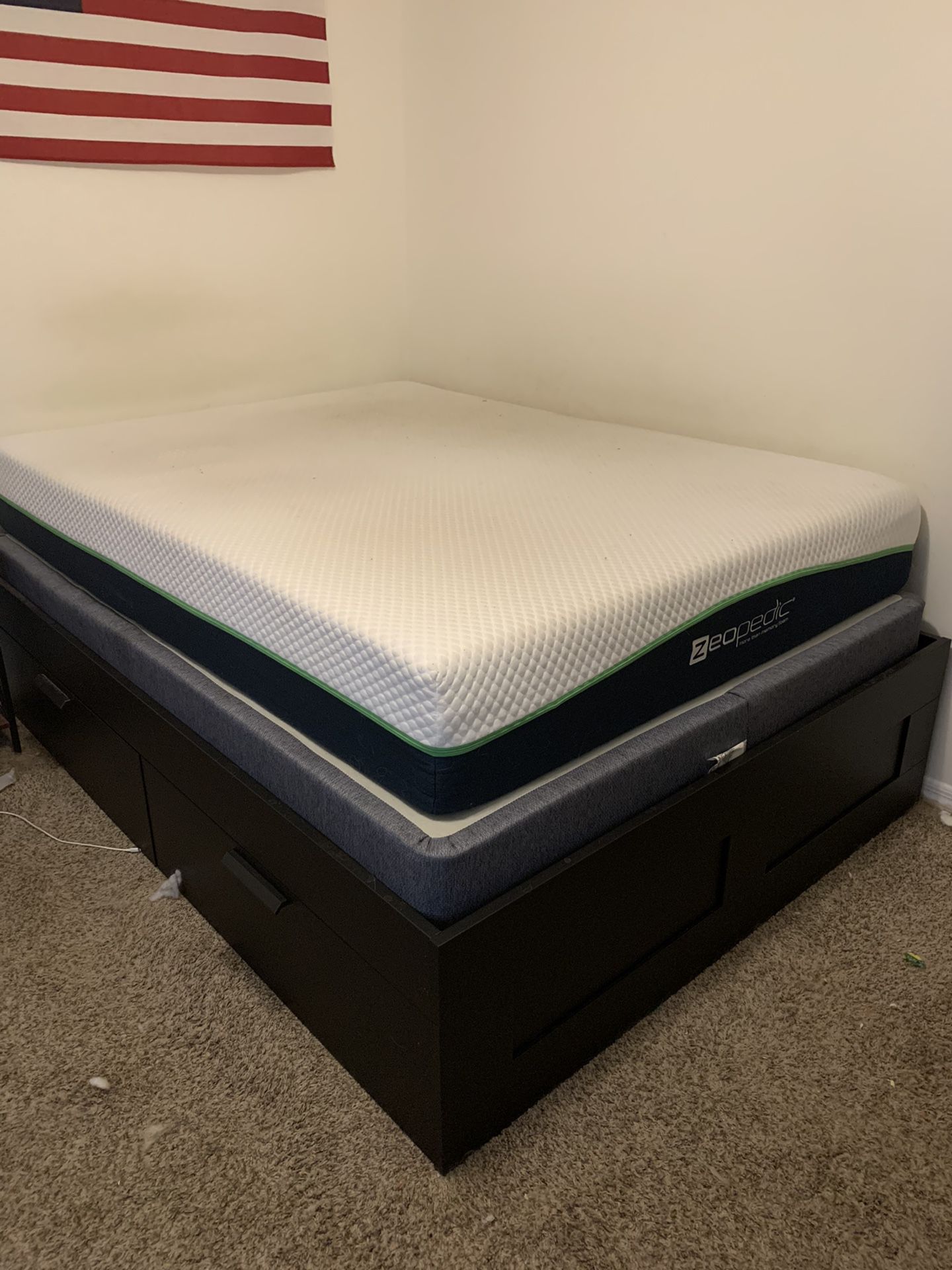 Queen Ikea bed frame with Mattress and box spring