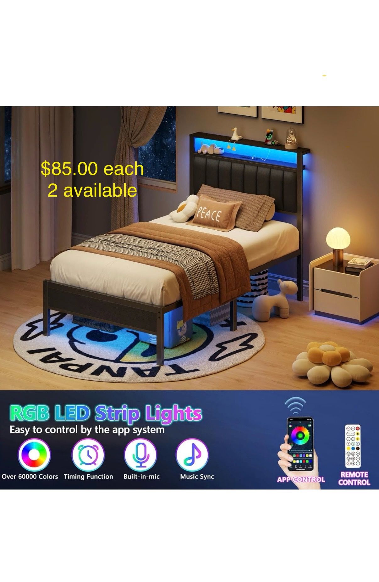 Brand new Furnulem Twin Size Bed Frame with Charging Station and LED Lights, Platform with Metal Slats, Grey Upholstered Headboard with 2-Tier Storage