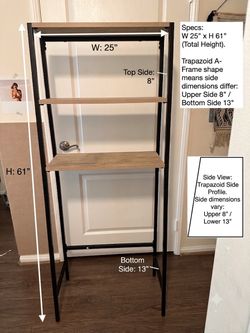 3-Tier Wooden & Black Metal Over-the-Toilet / Laundry Storage Rack