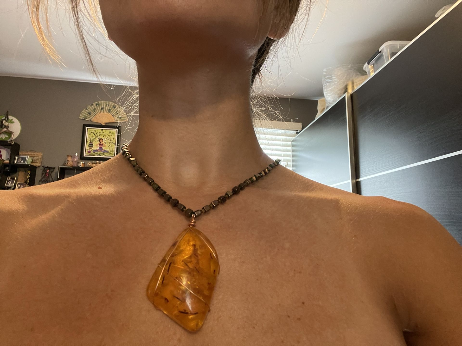 Amber And Gold Beaded Pendant Necklace 