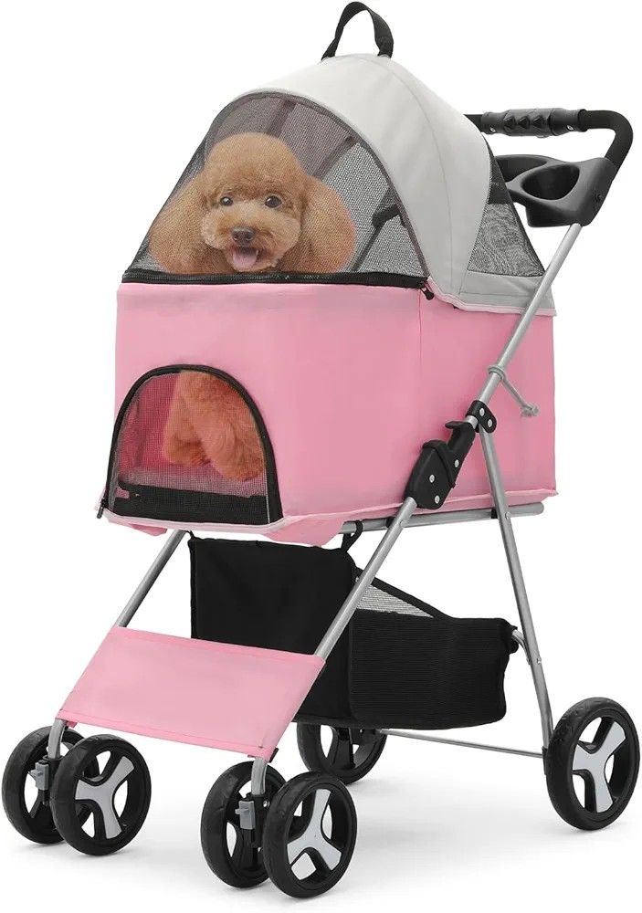 Magshion Folding Dog Stroller Cat Carriage with Removable Travel Carrier and Cup Holder, Comfy Pad and Sun Shade Ventilation Pet Stroller for Dogs and