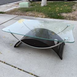 Modern Glass Coffee Table with Drawer and Curved Metal Base