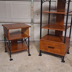Wrought Iron Woodlike Side Table And Shelf