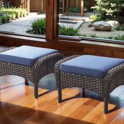Metal and Brown Wicker Outdoor Ottoman with Olefin Navy Blue Family Cushion (2-Pack)