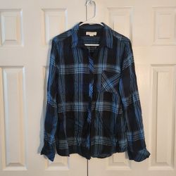 ALC At Last Woman Blue Black Plaid Button Up Shirt Long Sleeve Lightweight L