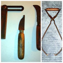 Rare Vinatge Ice Block Tongs, Speed Sqaure and Skinning Knifes
