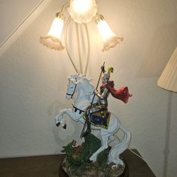 Large Tiffany Style Table Lamp Depicting Saint George On Horseback Slaying A Green Dragon