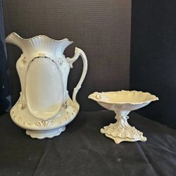 Myott Son & Co England Porcelain Pitcher and Pasadena California Candy Dish