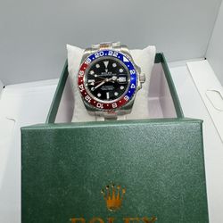 Brand New Automatic Movement Black Face / Red And Blue Bezel / Silver Band Designer Watch With Box! 