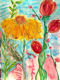Original Watercolor with India Ink Floral Painting 9x12