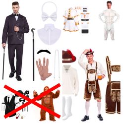 Men’s Costume Collection: Big Foot, Mobster, Elf, Muscle Suit & Lederhosen (Sizes XS–L)