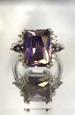 14.22 TCW Emerald Cut Simulated Purple Amethyst & White Sapphire anniversary engagement promise ring Size 6
