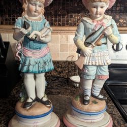 Set of Two Antique Large Polychrome Bisque Figures/Statues Boy & Girl German