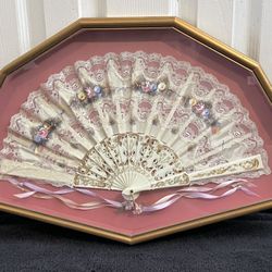 Vintage Hand Painted and Signed Lace Fan-Framed-Wall Art