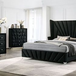 Brand New Black Velvet 4pc Queen Bedroom Set (Available In Eastern King)