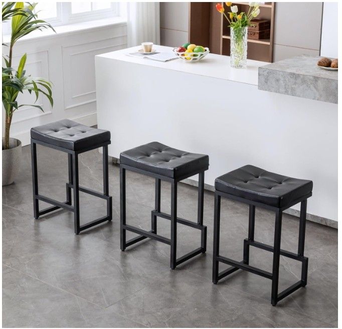 Bar Stools Set of 3, 24" Counter Height Bar Stools, Faux Leather Barstools for Kitchen Island, Backless Saddle Stools with Metal Legs (Black, 3PCS 24"