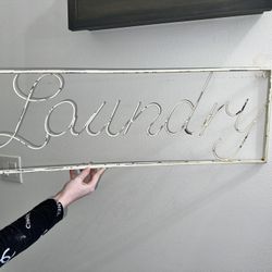 Laundry Iron Metal Sign Laundry Room Home Wall Decor Farmhouse Shabby Chic Off White Distressed 