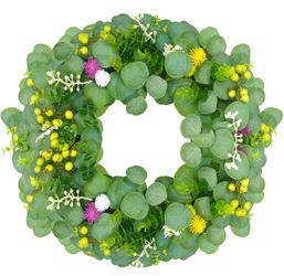 18" Green Berry Eucalyptus Leaf Wreath, Artificial Spring And Summer Wreath With Pink Purple Cones And Pomegranate Fruit Decorations Your Front Door A
