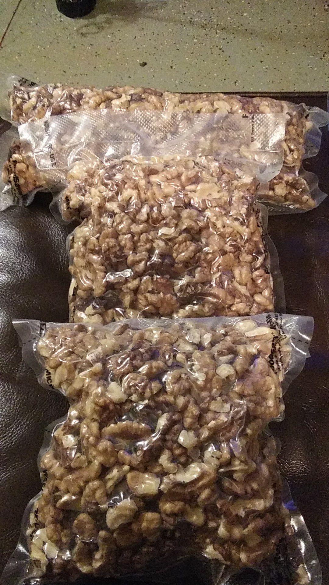 English walnuts. Sold in freezer bags, in 1 pound or 1/2 lb bags.