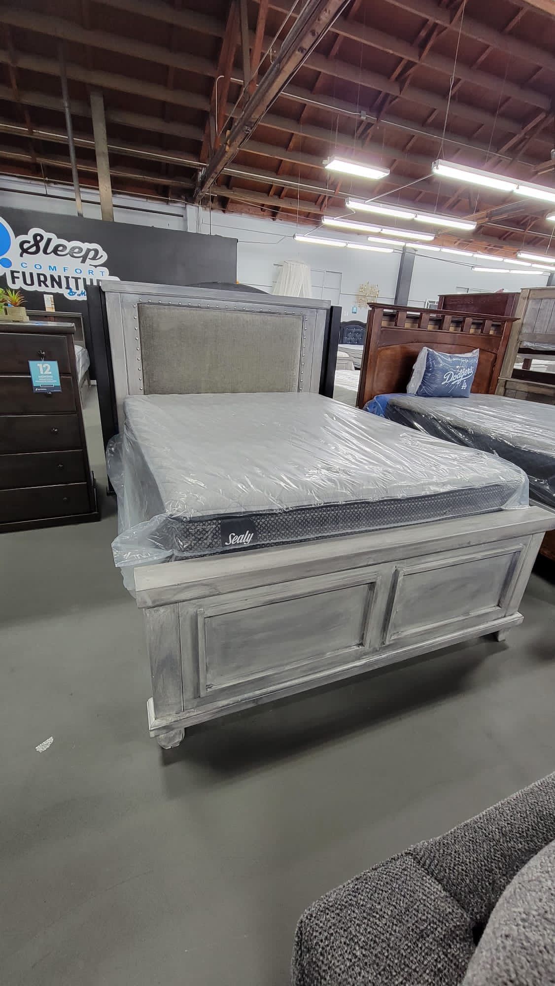 Grey Solid Wood Padded Queen Bed Frame 