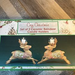 2 Ceramic Reindeer Candle Holders (New)