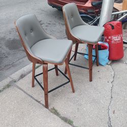 2 Stool Wood & Metal Faux Leather High Stools