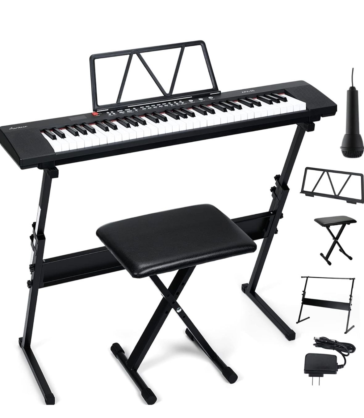 Asmuse Electronic Keyboard Piano, 61 Key Electric Piano with Microphone & Piano Seat & Keyboard Stand & Sheet Music Stand for Beginner, Adult, Kid And