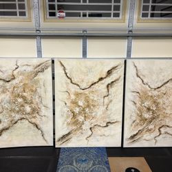 3-Piece Large Textured Wall Art Set – Gold/Neutral – Excellent Condition