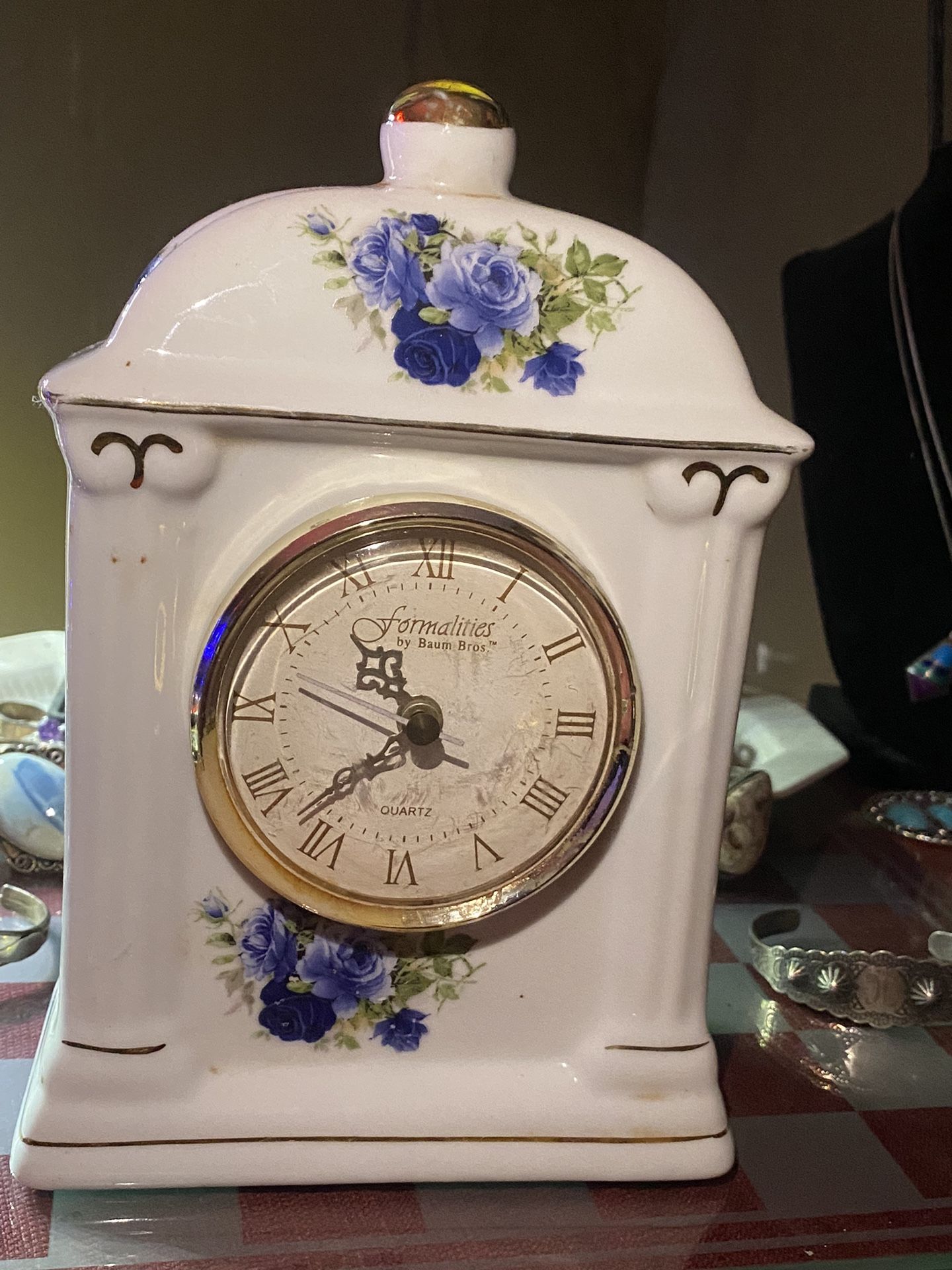 Formalities Mantle Carriage Clock Blue Rose Porcelain Collectable 7”Quartz