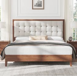 King solid wood platform bed with upholstered tiffed headboard walnut