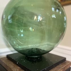 Asian Blown Glass Float 14”DXL Emerald Green Bare w/ Patch Scuffs Weathered Antique Tiki Yard Garden Ball