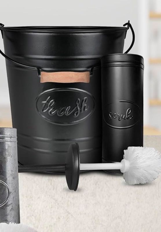 Black Metal Bathroom Trash Can And Matching Toilet Bowl Brush