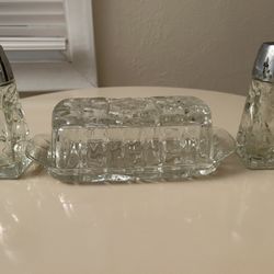 Glass Salt Pepper Shaker And Butter Dish Set